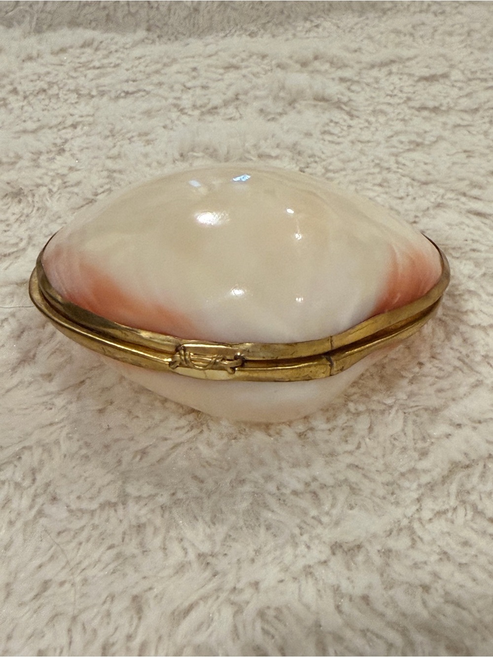 Vintage Pink and White Clam Sea Shell hinged Trinket Box Brass Victorian Style - Picture 4 of 6